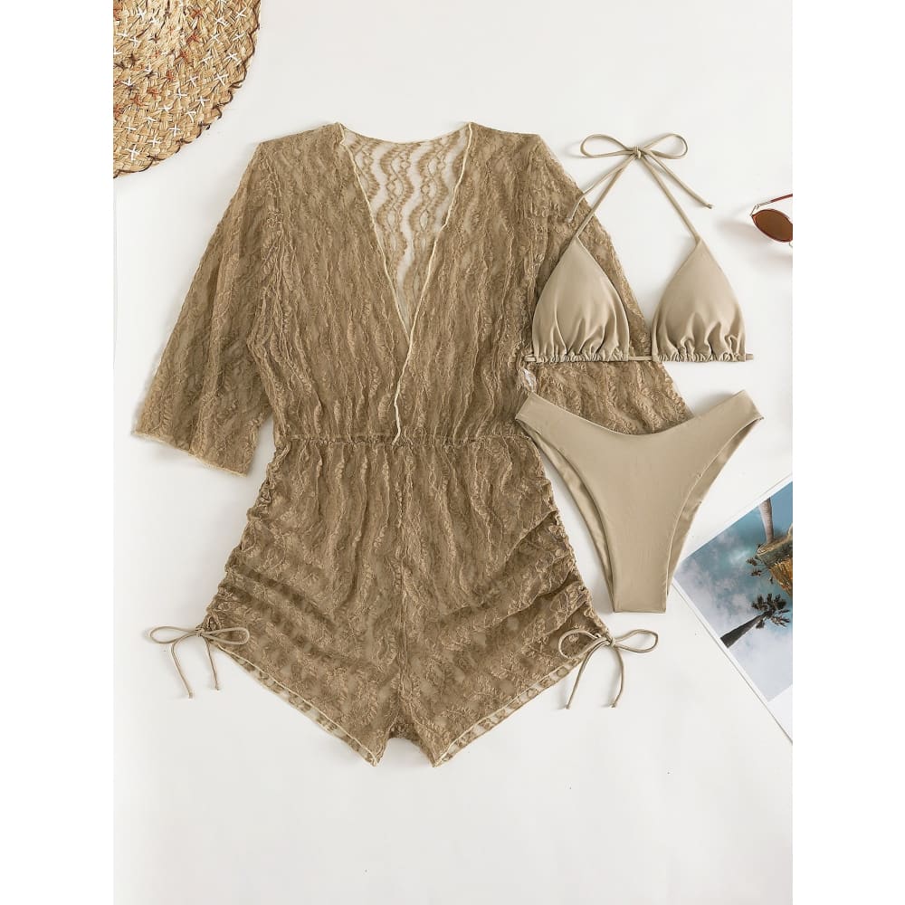 Tropical Halter Drawstring Side Three Pieces Bikini Swimsuit - Xing / S On sale