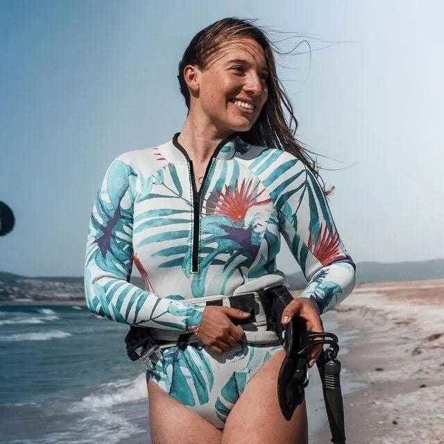 Tropical leaves and Floral Print Long Sleeve Rash Guard One Piece Swimsuit - RI21317W1 /