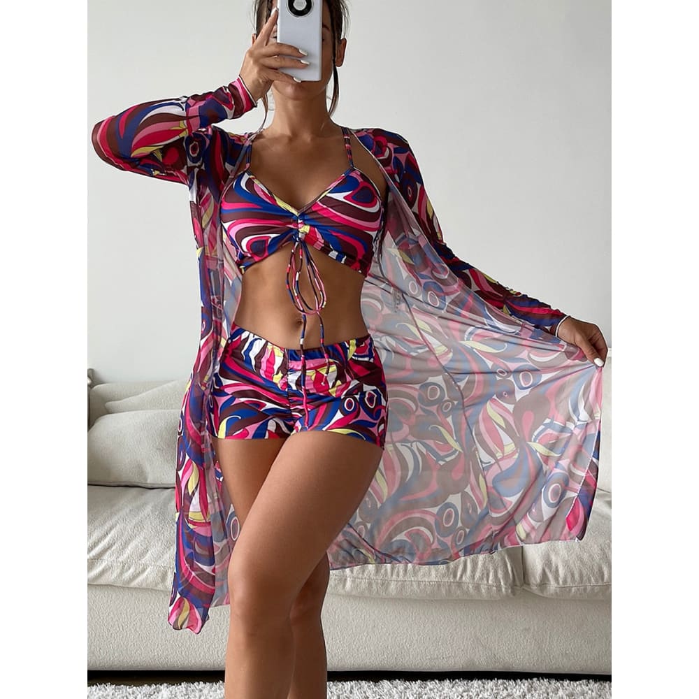 Tropical Long Sleeve High Waist Three Piece Swimsuit - On sale