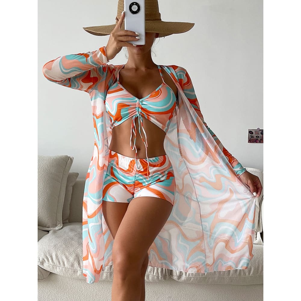 Tropical Long Sleeve High Waist Three Piece Swimsuit - On sale