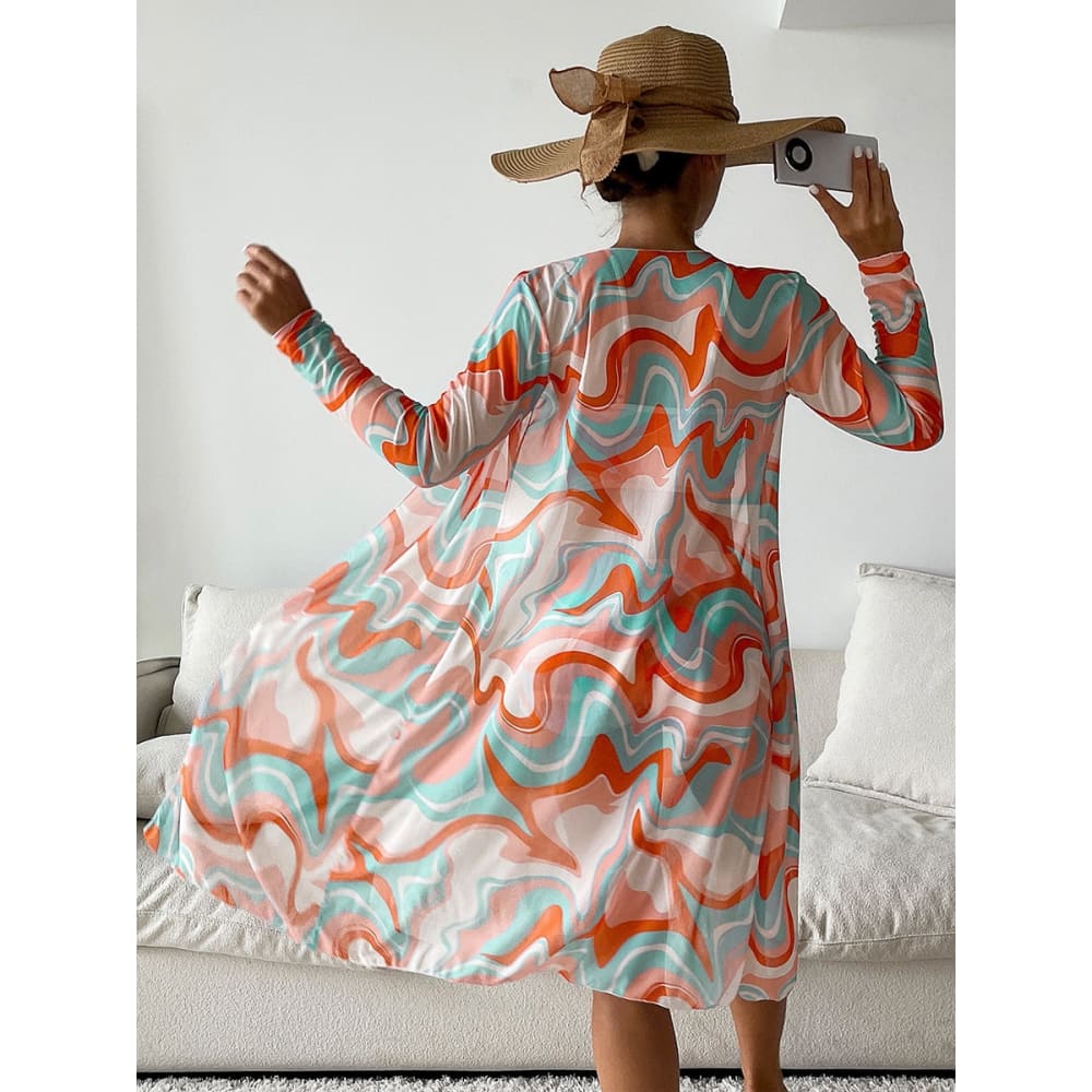 Tropical Long Sleeve High Waist Three Piece Swimsuit - On sale