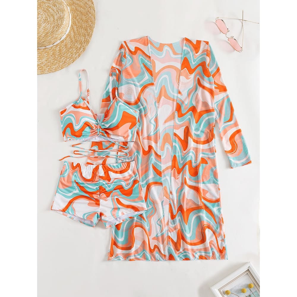 Tropical Long Sleeve High Waist Three Piece Swimsuit - On sale