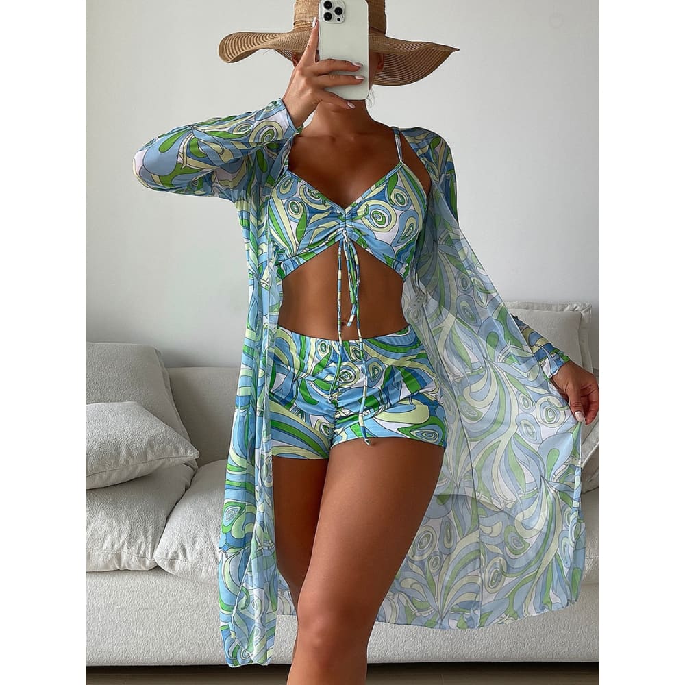 Tropical Long Sleeve High Waist Three Piece Swimsuit - On sale