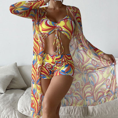 Tropical Long Sleeve High Waist Three Piece Swimsuit - Style10 / S On sale