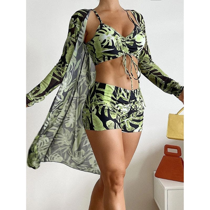 Tropical Long Sleeve High Waist Three Piece Swimsuit - Style12 / S On sale