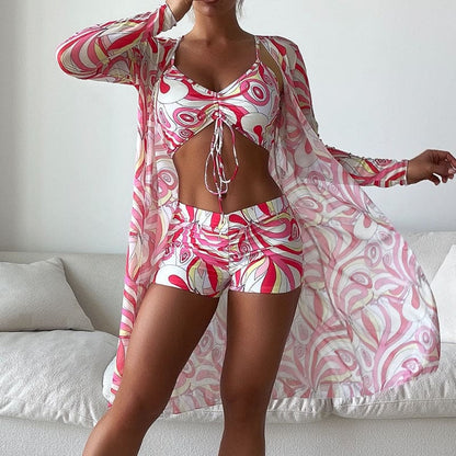 Tropical Long Sleeve High Waist Three Piece Swimsuit - Style3 / S On sale