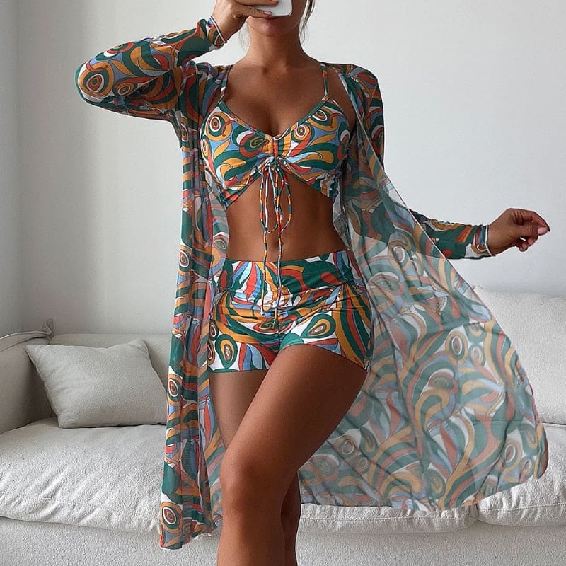 Tropical Long Sleeve High Waist Three Piece Swimsuit - Style4 / S On sale