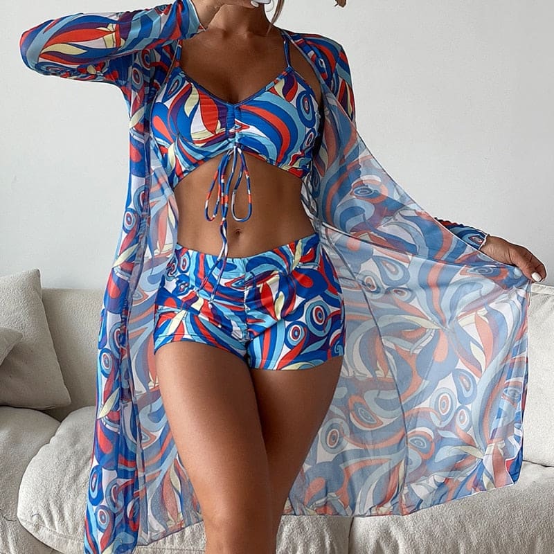 Tropical Long Sleeve High Waist Three Piece Swimsuit - Style6 / S On sale