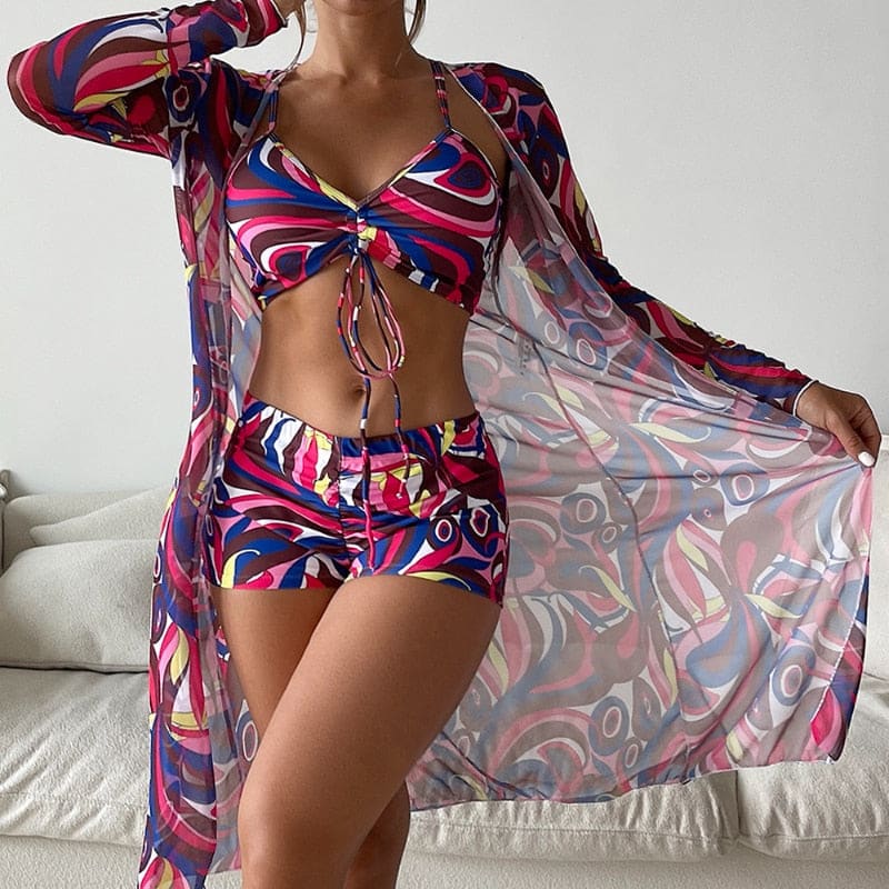 Tropical Long Sleeve High Waist Three Piece Swimsuit - Style7 / S On sale