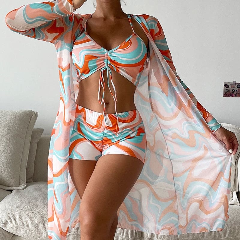 Tropical Long Sleeve High Waist Three Piece Swimsuit - Style8 / S On sale