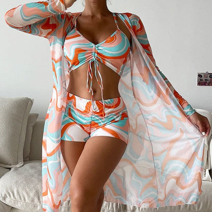 Tropical Long Sleeve High Waist Three Piece Swimsuit - Style8 / S On sale