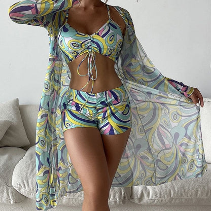 Tropical Long Sleeve High Waist Three Piece Swimsuit - Style9 / S On sale