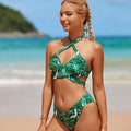 Tropical Wrap Front Cutout Halter Bikini Swimsuit - Green / S On sale