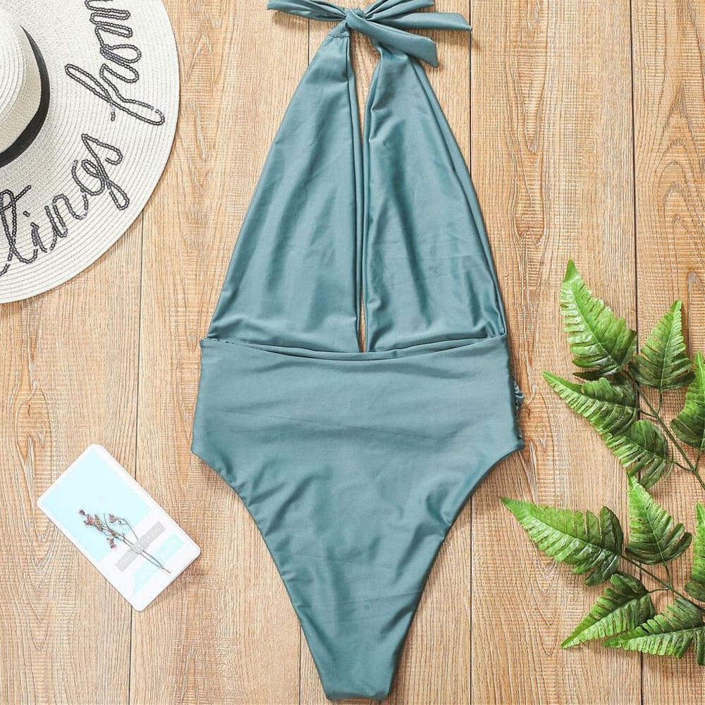 Twist Ruched Deep V Low Back One Piece Swimsuit - On sale