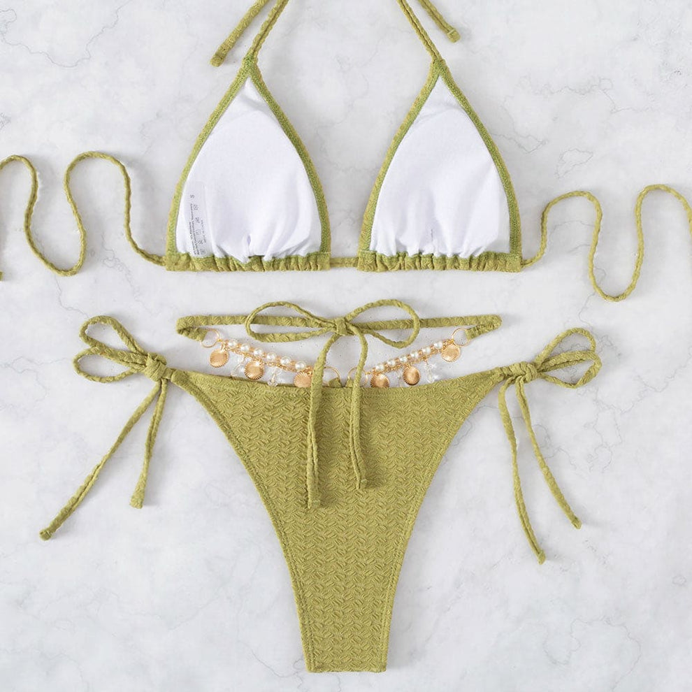 Unique Ribbed Charms String Triangle Bikini Swimsuit - Sunnybikinis