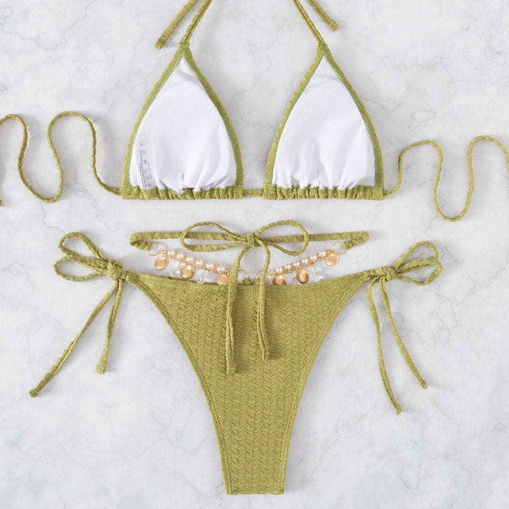 Unique Ribbed Charms String Triangle Bikini Swimsuit - On sale