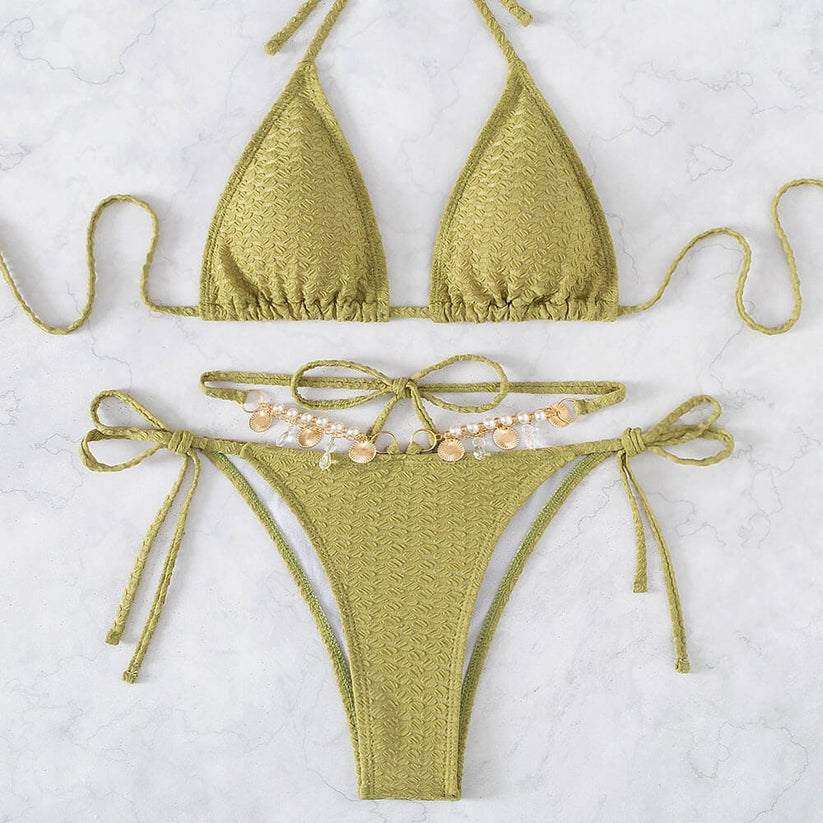 Unique Ribbed Charms String Triangle Bikini Swimsuit - Sunnybikinis
