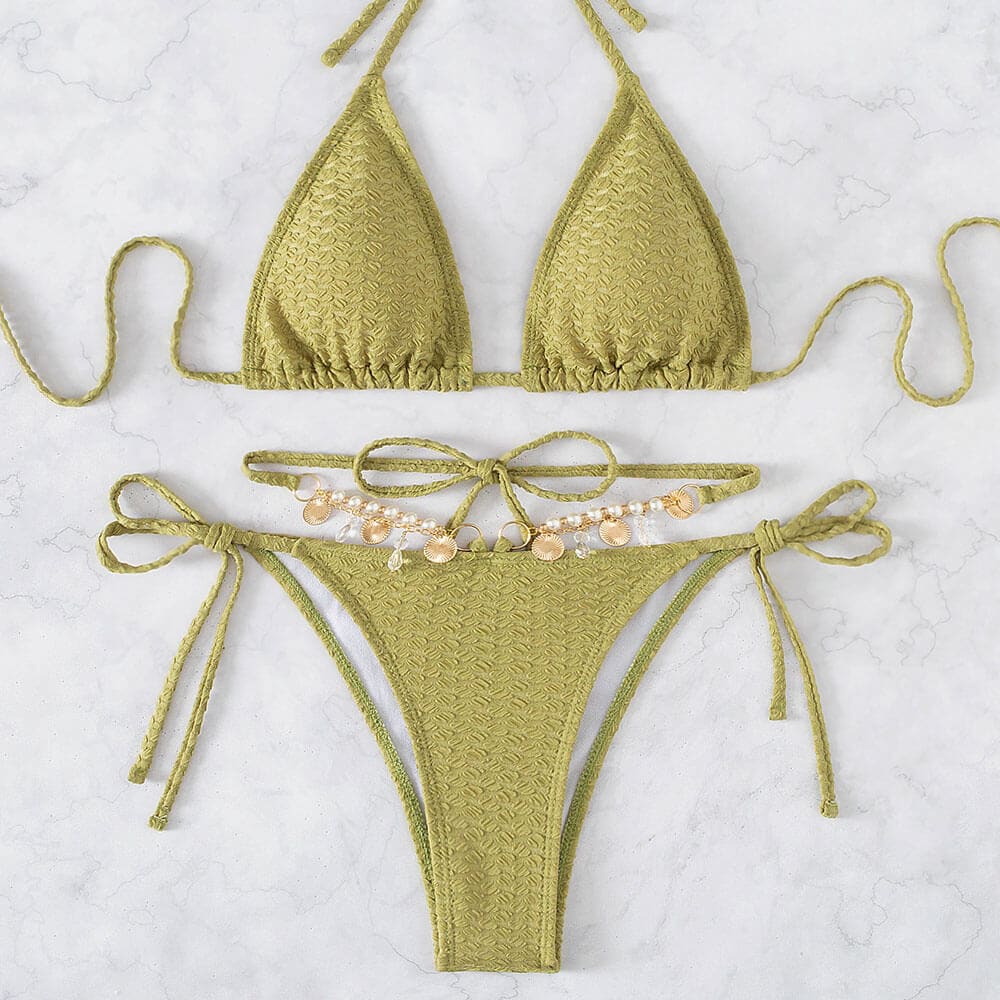 Unique Ribbed Charms String Triangle Bikini Swimsuit - On sale