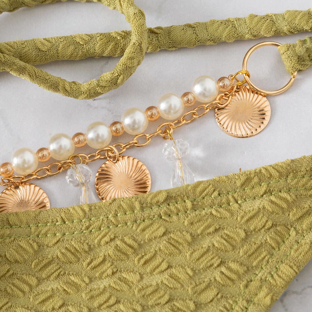 Unique Ribbed Charms String Triangle Bikini Swimsuit - Sunnybikinis