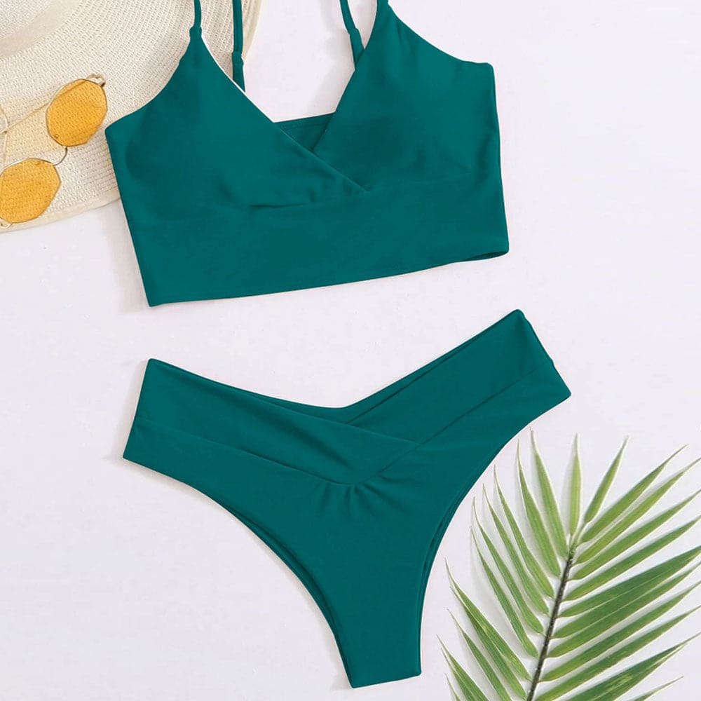 V Neck Wrap Trim Bralette Brazilian Bikini Swimsuit - On sale