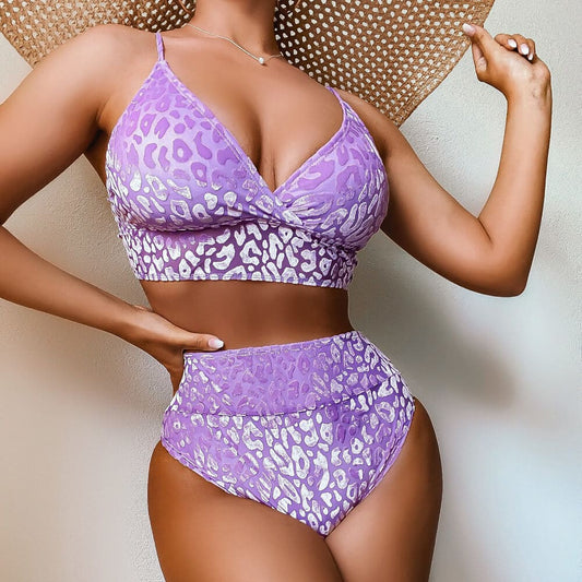 Velvet Leopard High Waist Brazilian Bikini Swimsuit - Lilac / S On sale
