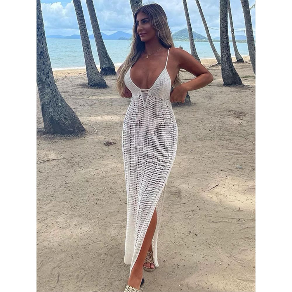 Vintage Deep V Crochet Brazilian Maxi Beach Cover Up - White / One Size On sale