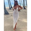 Vintage Deep V Crochet Brazilian Maxi Beach Cover Up - White / One Size On sale