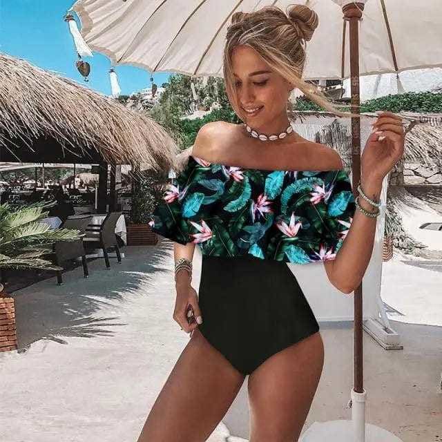 Vintage Off shoulder Ruffle Halter High Leg One Piece Swimsuits - WC0049D4 / S On sale