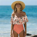 Vintage Off shoulder Ruffle Halter High Leg One Piece Swimsuits - WC0049P2 / S On sale