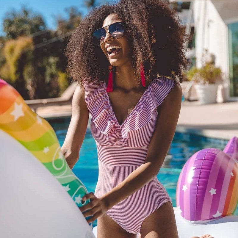 Vintage Stripe Ruffle V Neck One Piece Swimsuit - On sale