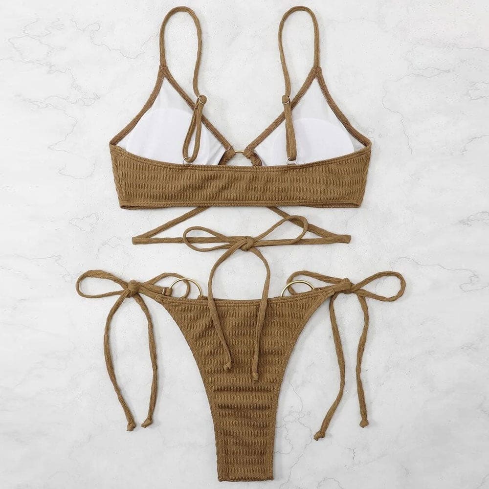 Vintage Textured O Ring Brazilian Bikini Swimsuit - On sale