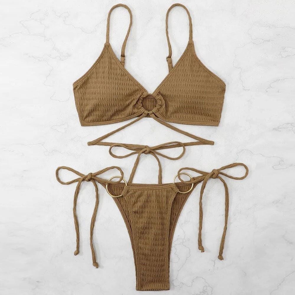 Vintage Textured O Ring Brazilian Bikini Swimsuit - On sale