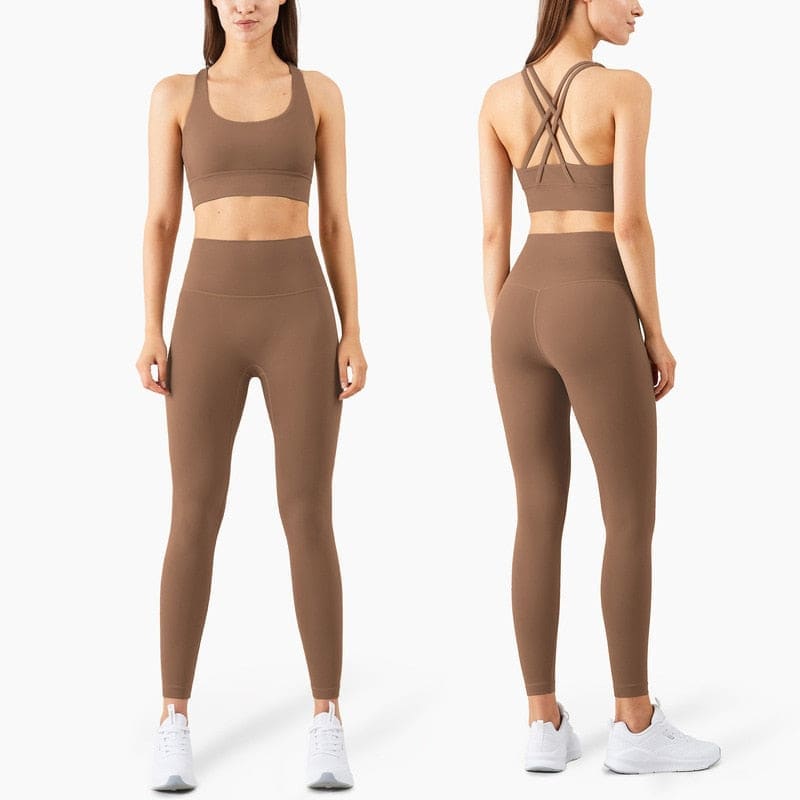 Yoga Set Leggings and Tops Fitness Pants Sports Bra - Cocoa / S On sale