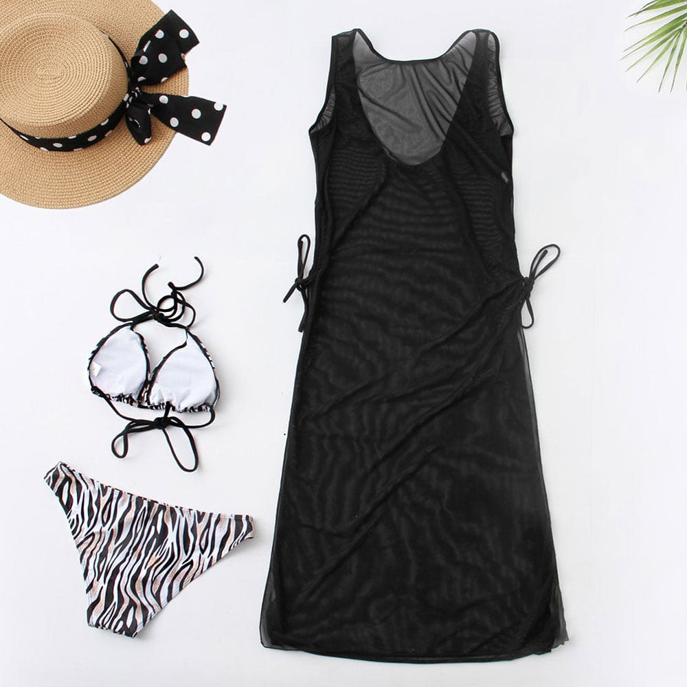 Zebra Mesh Cover Up Triangle Three Piece Swimsuit - On sale