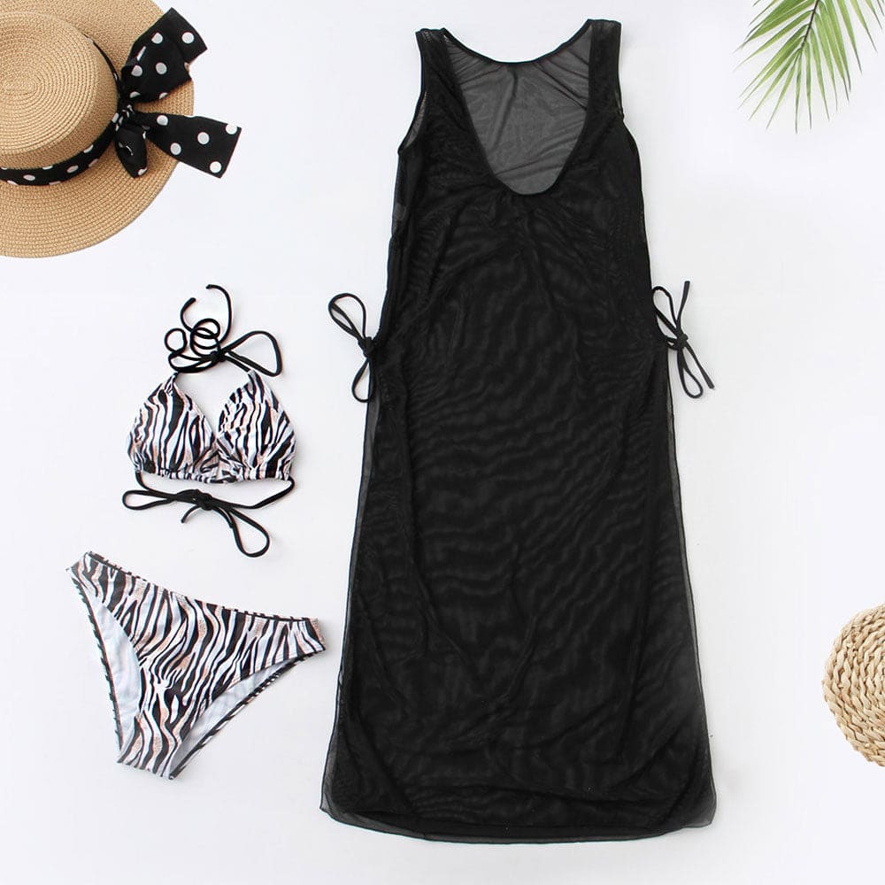 Zebra Mesh Cover Up Triangle Three Piece Swimsuit - On sale