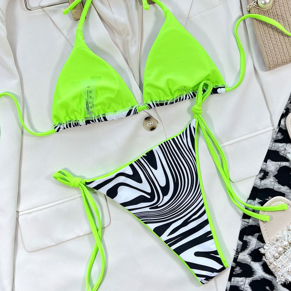 Zebra Tie String Triangle Brazilian Bikini Swimsuits - On sale