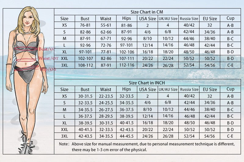 Sunnybikinis swimwear size chart XS to 3XL